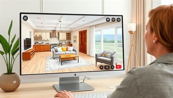 An inviting virtual living room design displayed on a computer screen, with a virtual interior designer discussing color schemes and furniture placement with a client over a video call, highlighting the convenience and creativity of InterioVision