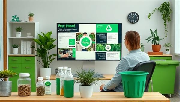 A remote sustainable business consultant conducting a virtual sustainability audit with a company executive, surrounded by eco-friendly products, recycling bins, and green office decor, creating a visually green and environmentally conscious setting.