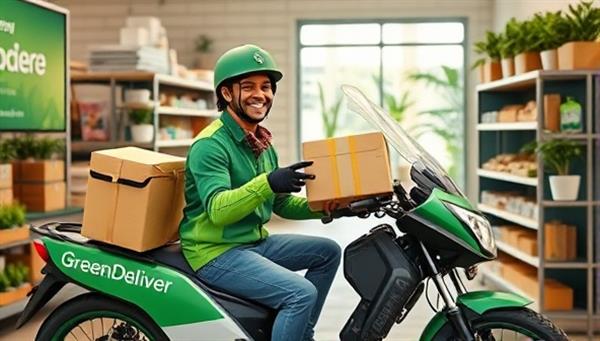 An engaging visual featuring a GreenDeliver courier in a branded electric vehicle, delivering a package to a smiling business owner in a green-conscious store environment, symbolizing eco-friendly logistics and sustainable delivery services.