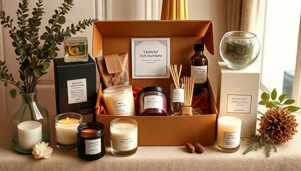 An elegant and inviting subscription box display featuring a variety of artisanal candles, diffusers, and natural scent samples arranged in a luxurious packaging, surrounded by botanical elements, mood-setting decor, and cozy ambience, evoking a sensory journey of home fragrance indulgence.