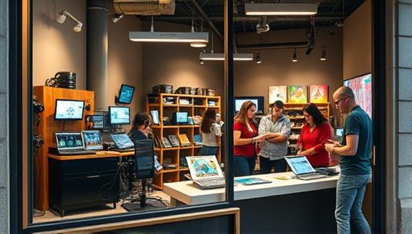 An inviting storefront with futuristic tech gadgets displayed in the window, a lively workshop in progress inside with participants engaging with various devices, creating a vibrant and educational atmosphere.