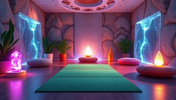 A serene digital oasis featuring virtual yoga mats, meditation cushions, and calming nature sounds, surrounded by glowing wellness crystals and vibrant energy flow visuals, creating a tranquil and immersive retreat atmosphere.