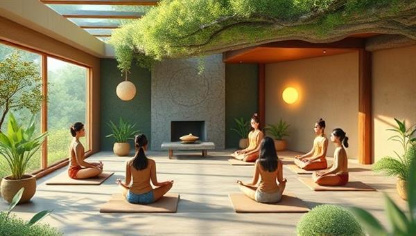 A serene virtual retreat setting with calming nature sounds, tranquil meditation spaces, and animated avatars of participants engaging in mindfulness practices and relaxation techniques, creating a peaceful and harmonious atmosphere for inner reflection and wellness.