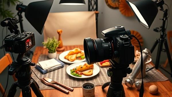 An artistic setup with a camera capturing a beautifully styled food scene, props, lighting equipment, and editing tools arranged around a styled table, illustrating the process of creating captivating food images and the artistry of food photography and styling.