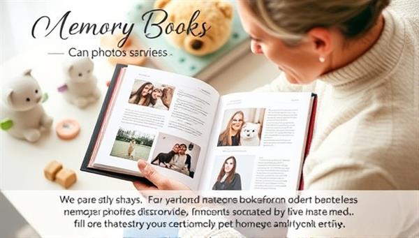 A heartfelt image of a pet owner flipping through a beautifully crafted pet memory book filled with photos, stories, and cherished moments, surrounded by symbolic pet-related items, conveying the sentimental and personalized nature of the memory book creation service.
