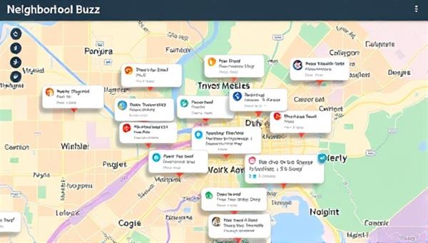An animated map interface displaying real-time updates and notifications for various neighborhoods, with vibrant colors and engaging visuals highlighting the dynamic and interactive nature of Neighborhood Buzz.