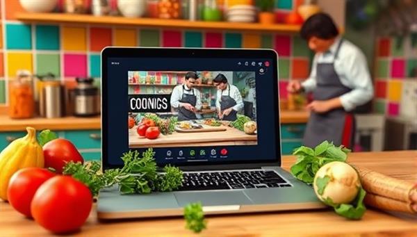 A colorful kitchen setting with a laptop displaying a live cooking class, fresh ingredients neatly arranged on the countertop, and a chef demonstrating a cooking technique, creating a vibrant and interactive culinary experience.