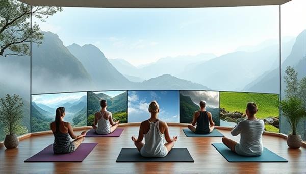 A tranquil virtual retreat setting with calming nature backgrounds, online participants engaged in yoga poses and meditation practices, and serene music playing in the background, creating a peaceful and rejuvenating ambiance in the digital wellness space of Serenity Haven Online.
