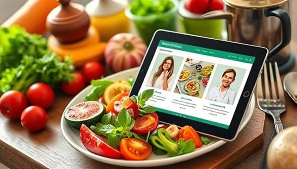 An enticing visual of a beautifully plated nutritious meal surrounded by fresh ingredients and kitchen utensils, with a digital tablet displaying a virtual nutrition consultation, blending culinary appeal with dietary expertise, representing the holistic approach of NourishWise.