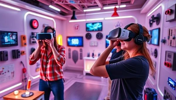A virtual reality escape room scene with players wearing VR headsets, interacting with digital puzzles and objects in a futuristic room filled with mysterious clues and hidden secrets, evoking a sense of adventure and challenge in a virtual world.