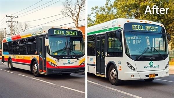 A before-and-after image showing a traditional diesel bus on one side and the same bus converted to an electric vehicle using EcoTransit conversion kits on the other side, demonstrating the transformation to clean and sustainable transportation technology.