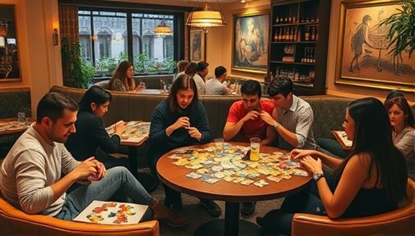 An inviting cafe lounge setting with groups of friends immersed in solving puzzles, enjoying drinks, and experiencing the thrill of collaboration and discovery, creating a vibrant and interactive atmosphere.