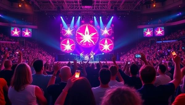 A virtual concert arena filled with digital avatars of excited fans, waving virtual lighters and cheering as a virtual band performs on a vibrant stage, capturing the energy and excitement of a live music event in a virtual setting.