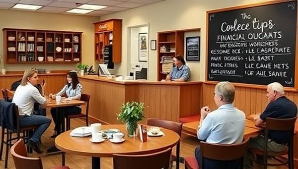 A welcoming cafe setting with patrons enjoying coffee and pastries while engaging in financial discussions with advisors, cozy seating areas for workshops, and a chalkboard displaying financial tips and quotes, fostering a warm and educational atmosphere for all visitors.