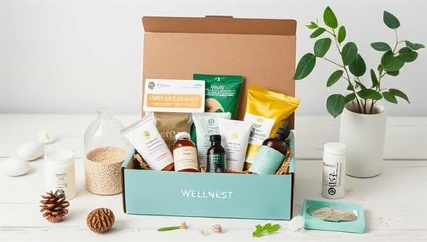 A serene wellness setting with a variety of health and wellness products neatly arranged in a subscription box, accompanied by elements representing mindfulness and self-care, creating a tranquil and inviting atmosphere that resonates with the WellNest Community