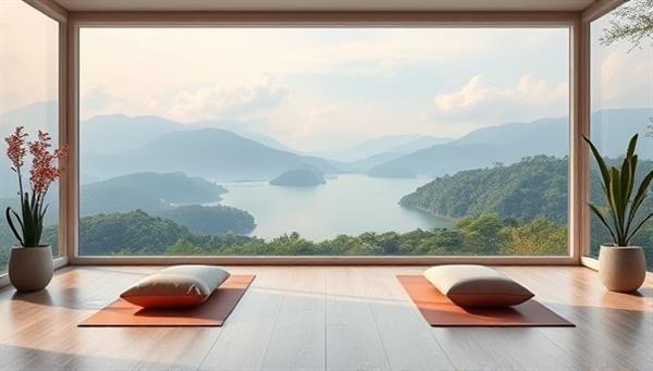An image of a tranquil virtual retreat setting with serene nature visuals, yoga mats, and meditation cushions, creating a peaceful and relaxing atmosphere for participants of SereniCare Virtual Retreats to engage in wellness activities and self-care practices.