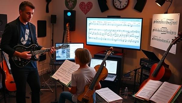 An inspiring virtual music lesson setup with a music instructor teaching a student online, surrounded by musical instruments, sheet music, digital screens displaying musical notes, and a creative musical atmosphere, evoking passion and musical growth.