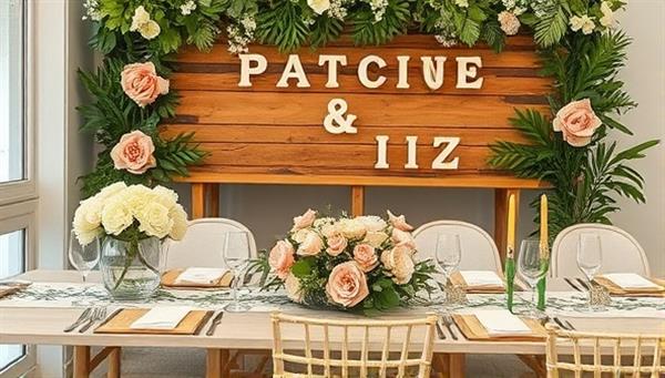 A beautifully styled event setup using sustainable decor elements like recycled paper flowers, upcycled wooden signage, and natural fiber table linens, creating a chic and eco-friendly ambiance for a wedding reception or party celebration, showcasing the elegance of sustainable event decor choices.