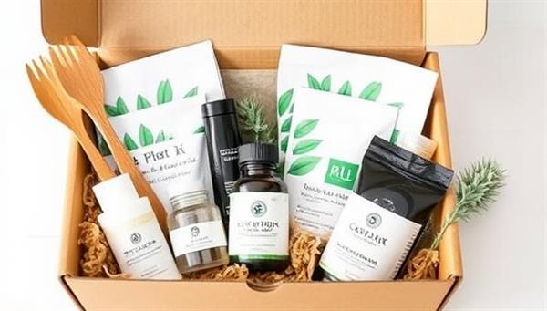 An aesthetically pleasing subscription box filled with eco-friendly products like bamboo utensils, organic skincare samples, reusable shopping bags, and plant-based cleaning supplies, evoking a sense of sustainability and lifestyle enhancement.