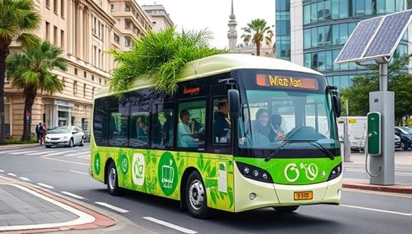 An electric shuttle bus adorned with lush greenery and eco-friendly symbols, navigating through a bustling city street with smiling passengers onboard, passing by iconic landmarks and solar-powered charging stations, showcasing a sustainable and futuristic transportation experience.