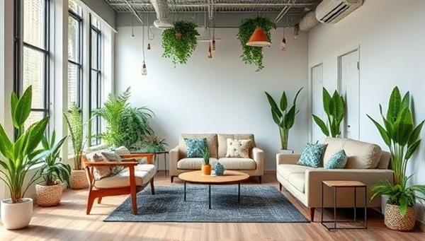 An inviting and modern office space showcasing eco-friendly design elements such as recycled furniture, energy-efficient lighting, and green plants, creating a sustainable and welcoming atmosphere for clients seeking consulting services.