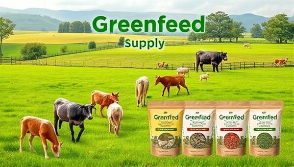An eco-friendly visual representation of a sustainable livestock farm scene with free-range animals grazing on lush green pastures, accompanied by images of natural feed ingredients and eco-packaging, showcasing the ethical and environmentally conscious feed options offered by GreenFeed Supply.