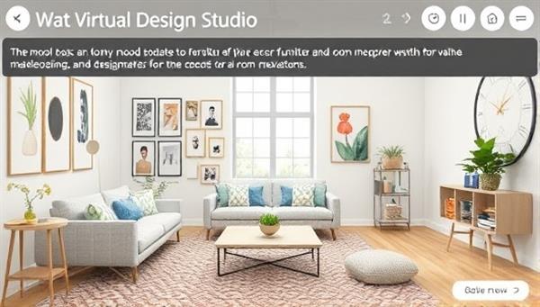 An interactive virtual room design studio with digital tools for creating mood boards, selecting furniture and decor items, and visualizing room makeovers, where users and designers collaborate in real-time consultations, showcasing the creativity and personalized approach of virtual interior design services.