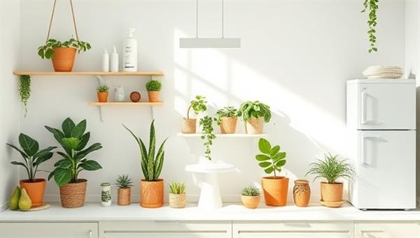 A modern and minimalist image showcasing a sustainable household with eco-friendly products, reusable items, indoor plants, and energy-efficient appliances, creating a harmonious and eco-conscious living space that inspires sustainable living choices.