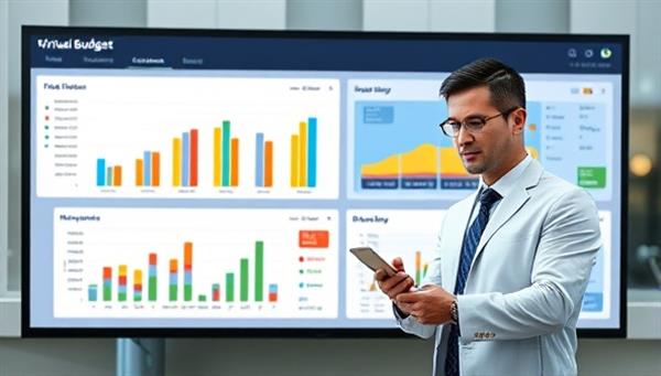 A digital dashboard displaying colorful graphs and charts representing municipal budget data, with a virtual consultant providing insights and recommendations to government officials, symbolizing financial planning and efficiency.