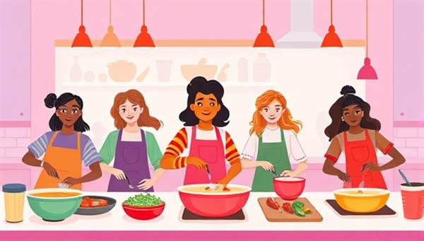 A vibrant digital illustration showing a diverse group of people cooking together virtually, each with their own cooking station, engaging in a fun and interactive online cooking class.