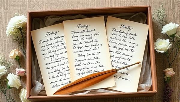 An elegant gift box filled with handwritten poetry scrolls, surrounded by delicate flowers and a vintage quill pen, evoking a sense of nostalgia and personalized gifting experience.
