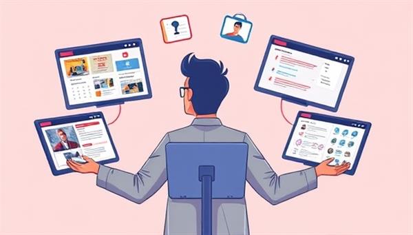 An illustration of a virtual event planner juggling multiple screens showing event layouts, vendor contracts, and attendee engagement tools, capturing the essence of digital event organization.