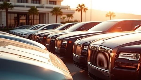 An elegant image of a lineup of luxurious cars, impeccably polished and gleaming under the sunlight, with a backdrop of a luxury hotel or scenic drive, evoking a sense of sophistication and exclusivity associated with PrestigeRide Club.
