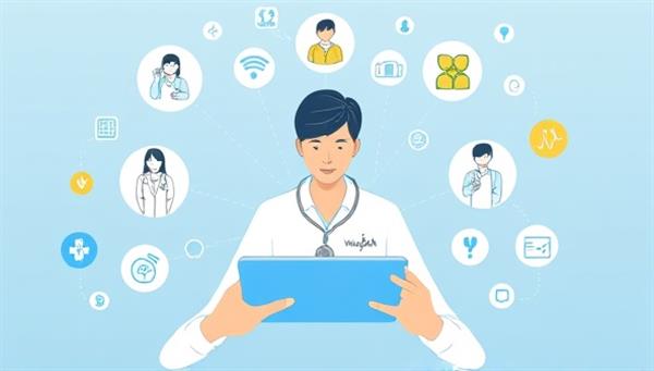 A comprehensive digital illustration illustrating a user accessing the WellPath Connect platform on a tablet, with healthcare professionals, nutritionists, and wellness coaches virtually assisting in disease management, surrounded by icons representing health, wellness, and support.