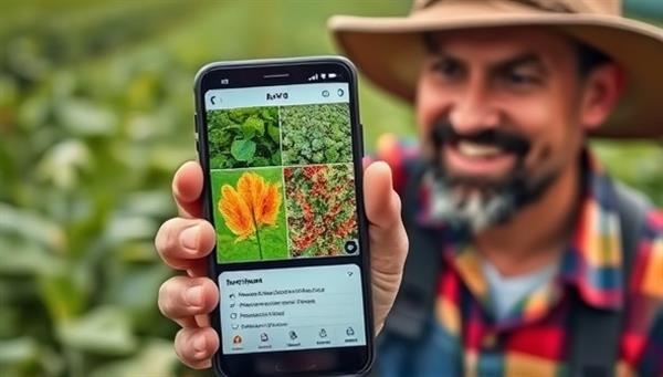 An AI-powered smartphone app displaying a real-time analysis of crop images, highlighting infected areas and recommending treatment options, with a satisfied farmer in the background observing the results.