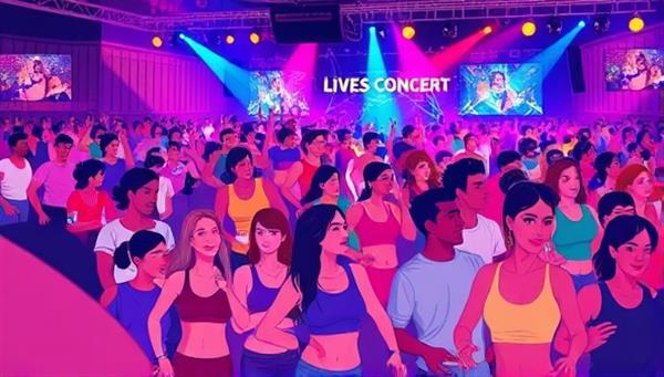 A dynamic digital illustration of individuals of all ages and backgrounds engaging in a high-energy fitness workout session accompanied by live music performances, with colorful lights, energetic movements, and a sense of unity and empowerment, capturing the excitement of the fitness concert experience.