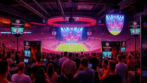 A vibrant spectator lounge within a sports stadium or concert venue, fans cheering and placing bets on screens, interactive displays showing live game statistics and odds, a dynamic and engaging atmosphere of live betting and entertainment, capturing the essence of the spectator betting lounge.