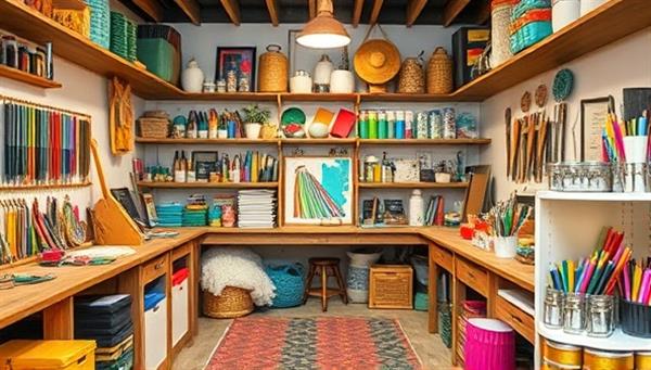 A vibrant and colorful artisanal studio space filled with crafting materials, tools, and creative projects, reflecting the inspirational and communal atmosphere of CraftCove