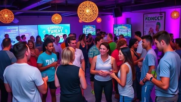 An image of a vibrant social club event with members mingling, participating in group workouts, and enjoying healthy refreshments, showcasing the energetic and inclusive atmosphere of FitConnect Society