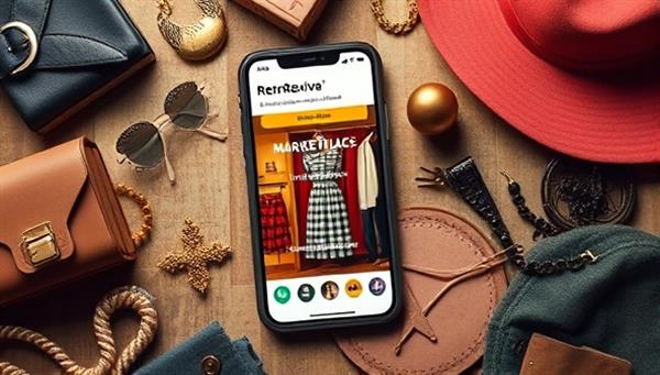 An artistic depiction of a smartphone screen displaying the RetroRevive Marketplace app interface with vintage clothing items showcased in a virtual storefront, surrounded by retro fashion accessories and nostalgic elements, evoking the charm and sustainability of shopping for vintage fashion online.
