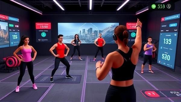 An engaging virtual fitness environment with avatars participating in various workout challenges, virtual trainers providing guidance, and fitness trackers displaying progress metrics, promoting a fun and interactive fitness experience on the platform.