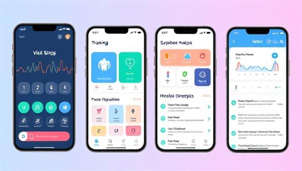 An informative app interface displaying vital signs tracking, symptom analysis, and personalized health recommendations for chronic condition management, with an intuitive design and user-friendly features, symbolizing health empowerment and proactive care.