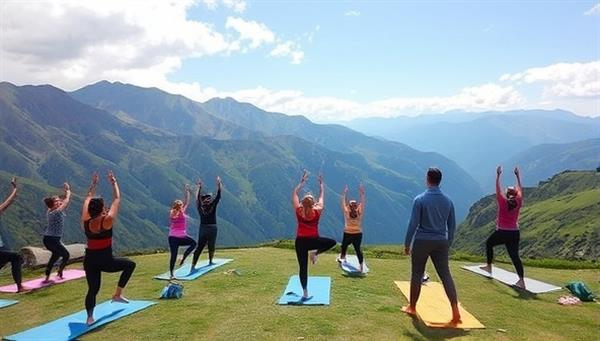 A picturesque mountain retreat setting with participants engaged in outdoor yoga sessions, hiking excursions, and team-building activities, capturing the essence of adventure, fitness, and camaraderie in a natural backdrop.