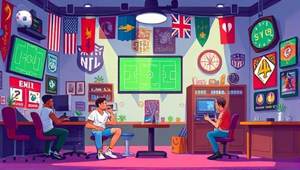A vibrant digital illustration showcasing a fantasy sports clubhouse atmosphere with virtual team banners, sports memorabilia, and animated players strategizing for upcoming matches, capturing the dynamic and competitive spirit of the fantasy sports betting club.