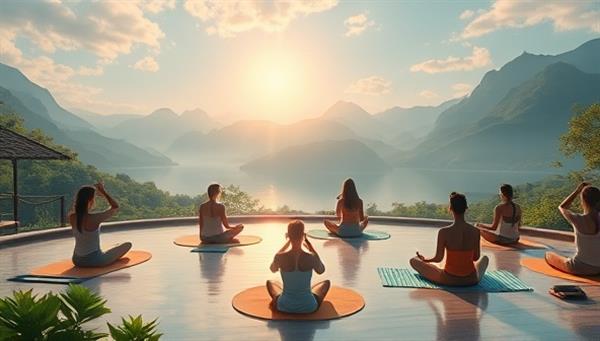 A serene digital landscape depicting a virtual yoga and mindfulness retreat setting with participants meditating, practicing yoga poses, and engaging in wellness activities, surrounded by calming nature elements and tranquil music, conveying a sense of relaxation and inner peace in a virtual realm.