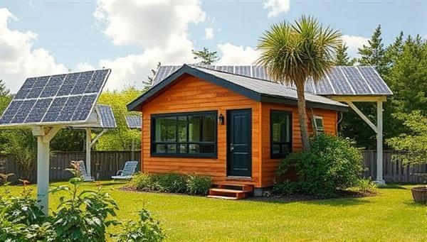 A picturesque setting featuring a modern, eco-friendly tiny house surrounded by lush greenery and solar panels, showcasing harmony between nature and sustainable living.
