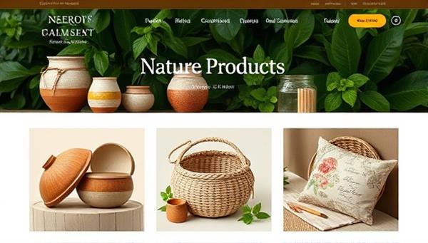 An aesthetically pleasing web layout featuring a variety of artisan products, such as handmade ceramics, woven baskets, and organic textiles, beautifully displayed against a backdrop of lush greenery, conveying a sense of nature-inspired elegance.
