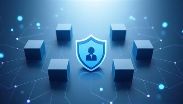 An abstract representation of interconnected blocks forming a secure chain around a web design project, symbolizing the blockchain-powered verification and authenticity protection offered by BlockCertifyWeb, emphasizing trust and security in the digital design space.