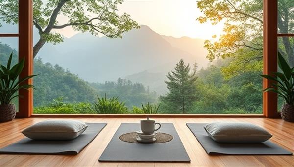 A virtual wellness retreat setting with soothing nature backgrounds, yoga mats, meditation cushions, and herbal tea, creating a serene and inviting atmosphere for mindfulness practices and self-care activities.