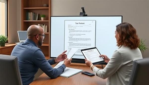 An engaging virtual meeting setup with a tax advisor consulting with a client via video call, both parties engaged in a discussion over digital tax forms and documents, showcasing the convenience and expertise of virtual tax advisory services.